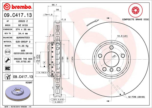BREMBO 09.C417.13 Brembo 09.C417.13 Composite two piece UV Coated vented Front Brake Rotor BMW OE# 34116789544