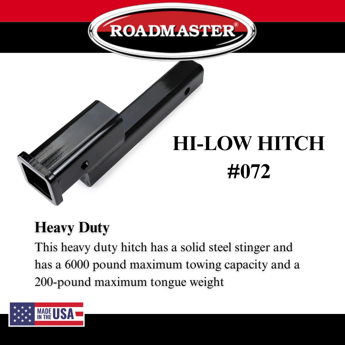ROADMASTER 072 Roadmaster 072 Hi-Low Receiver Hitch with 2" Offset fits 2" Receiver Hitch | 6000 lbs Towing Capacity | 200 lbs Max Tongue Weight | Durable Powder Coat Finish | Made in The USA