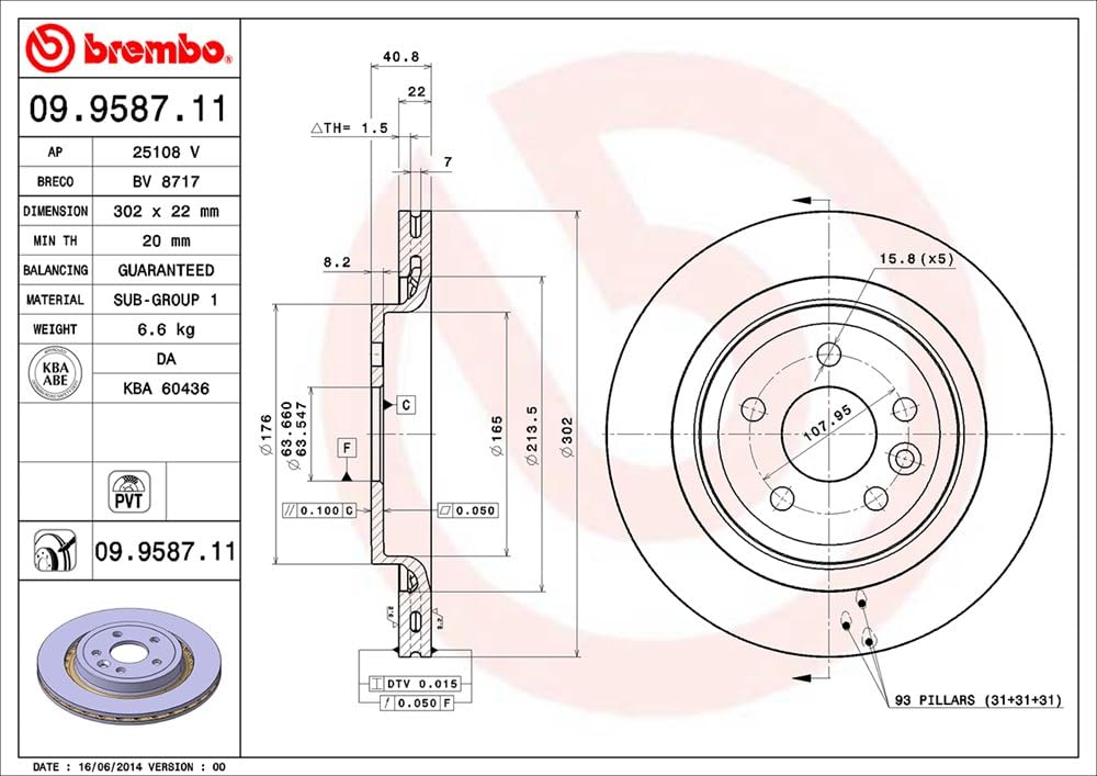 BREMBO 09958711C02 Brembo 09.9587.11 UV Coated Pillar Vented Rear Brake Rotor VOLVO/VOLVO (CHANGAN)/VOLVO ASIA OE# 30769060