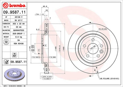BREMBO 09958711C02 Brembo 09.9587.11 UV Coated Pillar Vented Rear Brake Rotor VOLVO/VOLVO (CHANGAN)/VOLVO ASIA OE# 30769060