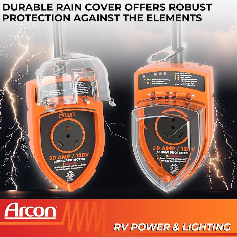 ARCON 19758 Arcon 19758 Portable 30 Amp 120 Volt RV Surge Protector with CETL Certification, 3600 Joules Power Surge Protection, Low Voltage & Fault Indicator Lights, Lock and 36 Inch Cable Included