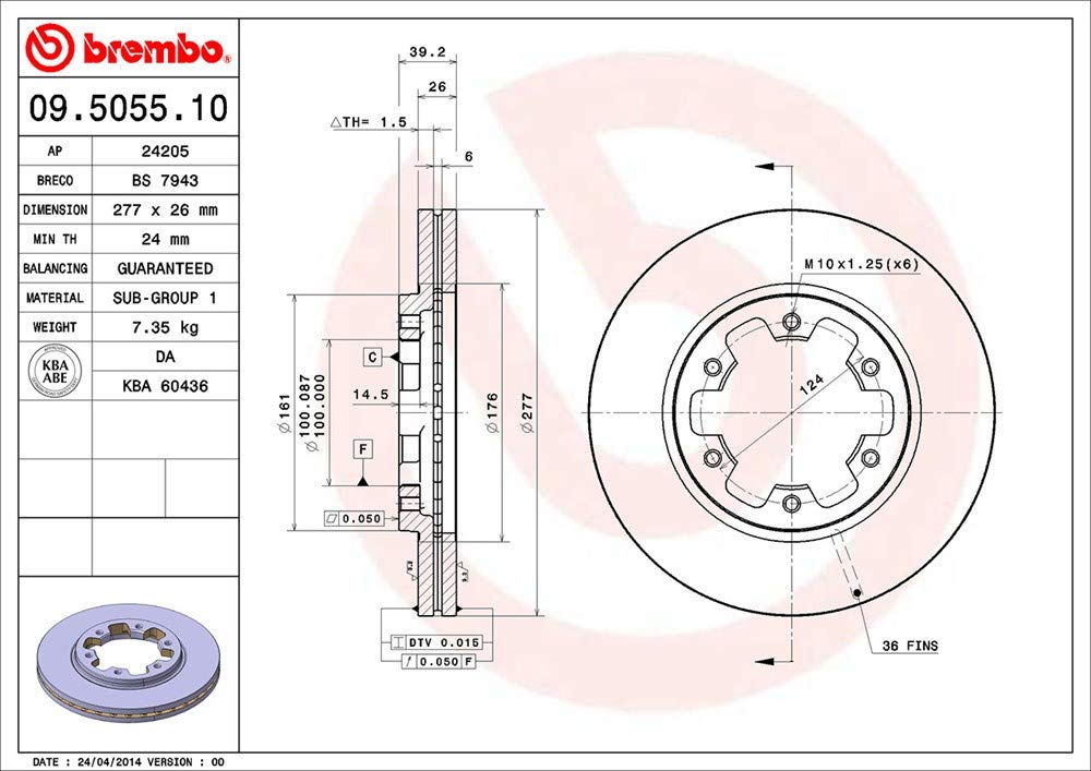 BREMBO 09505510C02 Brembo 09.5055.10 Standard vented Front Brake Rotor FORD/NISSAN/NISSAN (ZHENGZHOU) OE# 402060F000