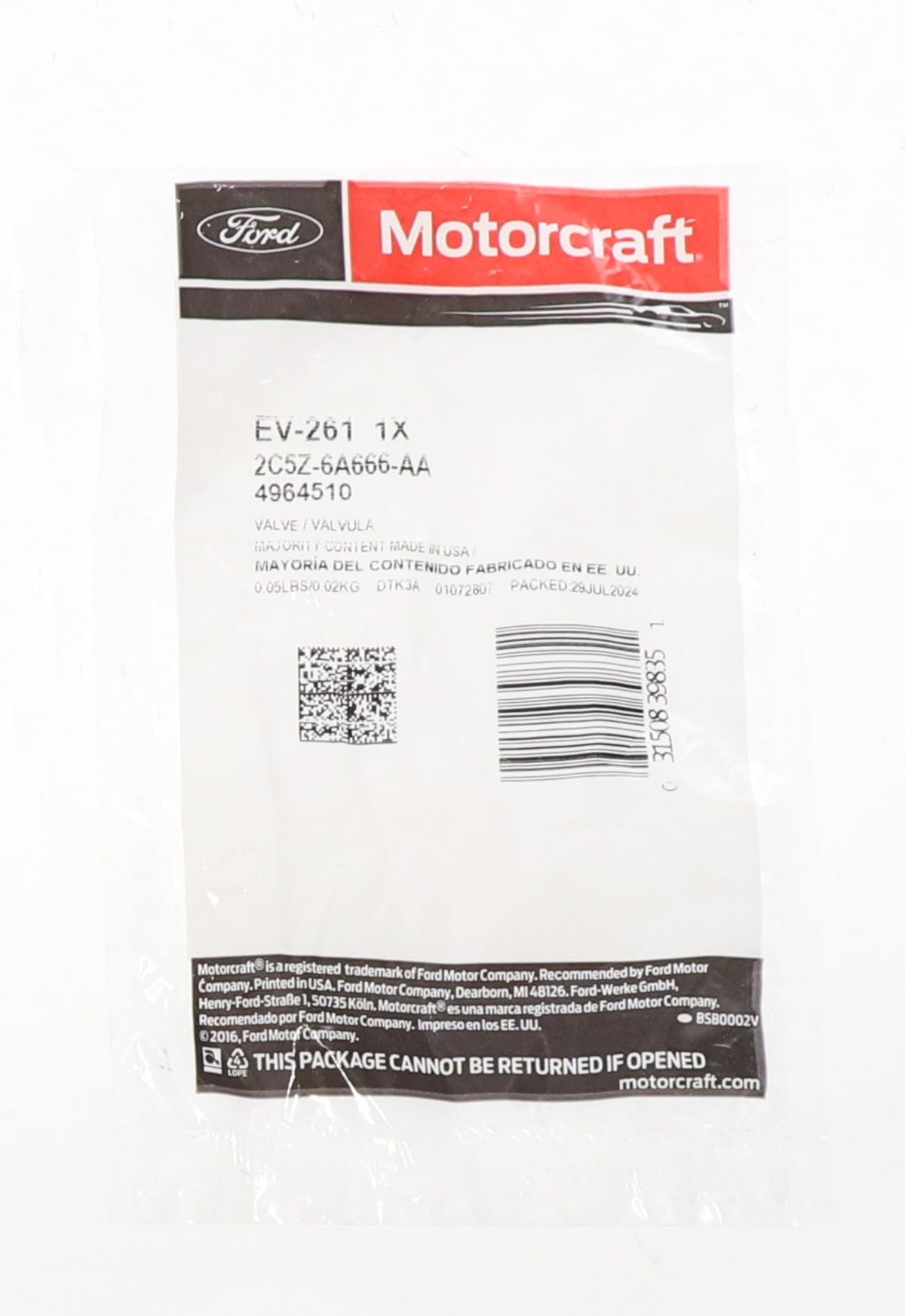 Motorcraft EV261 Positive Crankcase Ventilation Valve