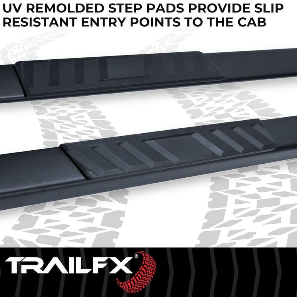 TRAILFX A4003B TrailFX Side Step Bars Fits 2015–2025 Ford F-150 4 Inch Trapezoid Straight Side Steps with Step Pads Black Matte Powder-Coated Steel Dual UV-Resistant Pads Rocker Panel Mount Set of 2 TrailFX A4003B