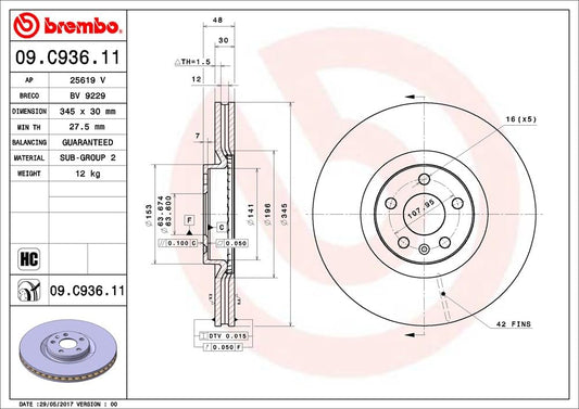 BREMBO 09C93611C02 Brembo 09.C936.11 UV Coated vented Brake Rotor VOLVO/VOLVO ASIA OE# 31400568