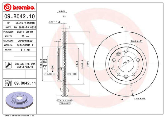 BREMBO 09.B042.11 Brembo 09.B042.11 UV Coated vented Front Brake Rotor MAZDA OE# N12Y3325XB