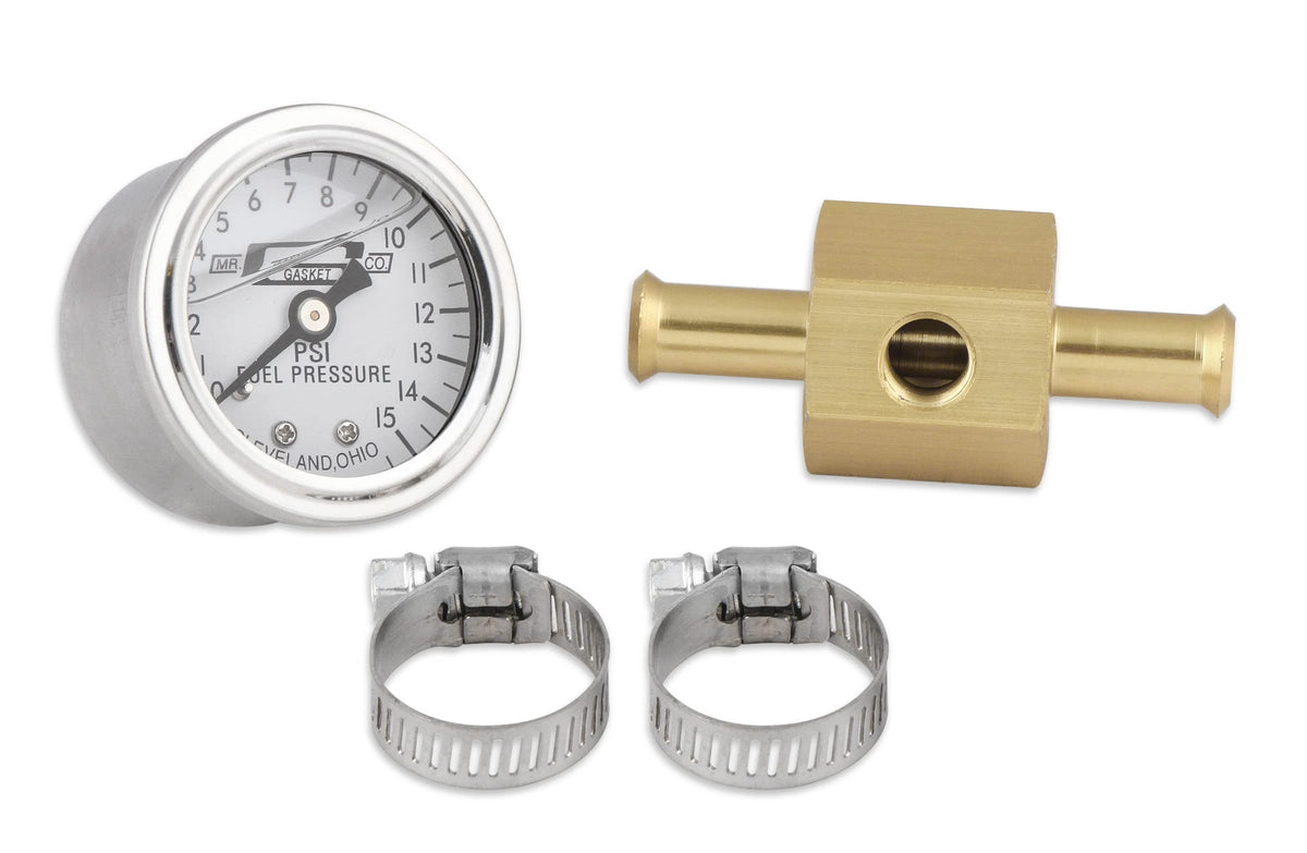MR GASKET 1564 Mr. Gasket - 1564 Fuel Block with 0-15 PSI Liquid Filled Pressure Gauge, 1.500 in.