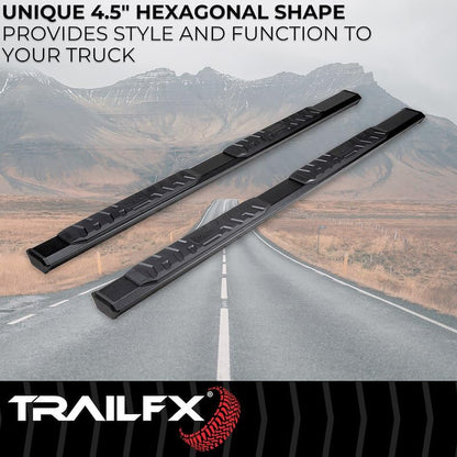 TRAILFX AL4026B TrailFX Nerf Bar AL4026B, 4-1/2 Inch Hexagonal Straight, with Step Pads, Rocker Panel Mount, Powder Coated, Black, Aluminum, with Plastic End Caps/Bracket Covers, Fits 2024-2025 Toyota Land Cruiser
