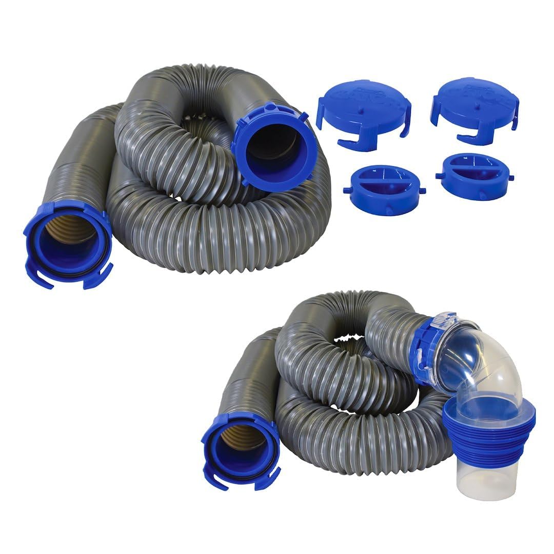 DURAFLEX 22007 Duraflex Gator® Sewer Hose 22007, 30 Ft Extended Len, 106 In Compressed Len, 3 In Hose Dia, 21 Mil Polypropylene With Steel Wire Reinforced Construction, Charcoal Gray, With Four Drip Caps/Clear Elbow