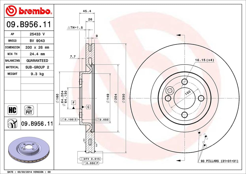 BREMBO 09B95611C02 Brembo 09.B956.11 UV Coated Pillar Vented Brake Rotor MINI OE# 34116858071