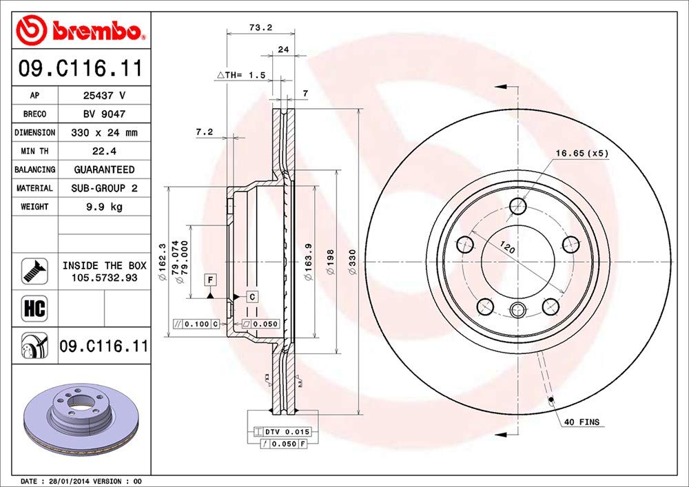 BREMBO 09C11611C02 Brembo 09.C116.11 UV Coated vented Front Brake Rotor BMW/BMW (BRILLIANCE) OE# 34116792221