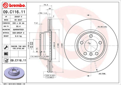 BREMBO 09C11611C02 Brembo 09.C116.11 UV Coated vented Front Brake Rotor BMW/BMW (BRILLIANCE) OE# 34116792221