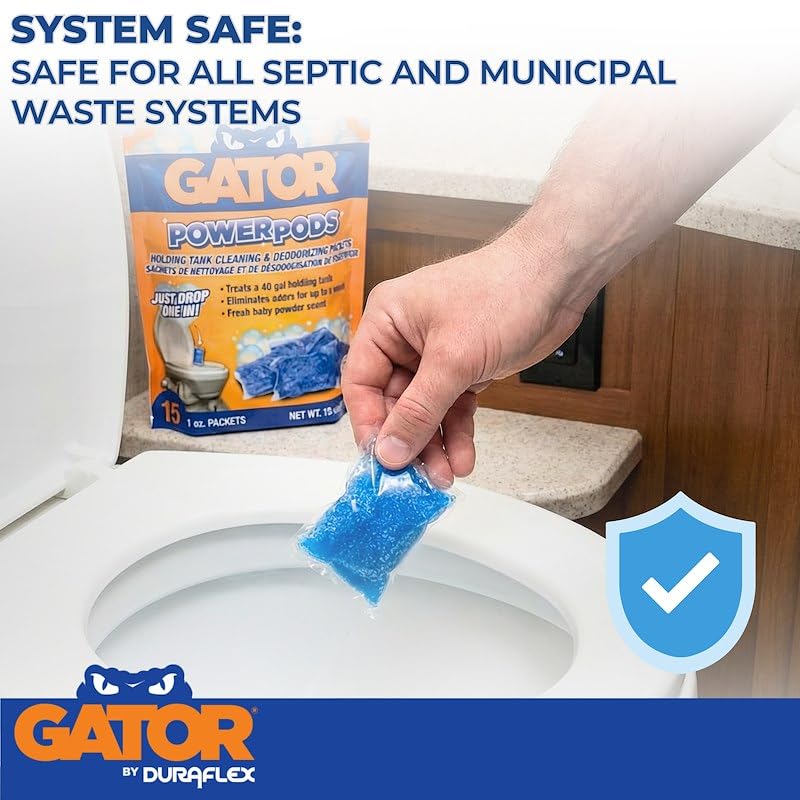 DURAFLEX 21888 Duraflex Gator PowerPods 21888 Waste Holding Tank Treatment, Without Formaldehyde; Fresh Baby Powder Scent, 1 Packet Treats Up To 40 Gallon Holding Tank, 1 Ounce Packet, Pack Of 4 Treatments