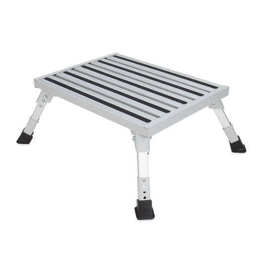 CAMCO 43676 Camco Folding Aluminum Step Stool, Adjustable Height for RV and Trailers, Silver - Lightweight, Foldable, and Heavy-Duty Stepping Platform for Home and Camping