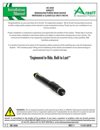 ARNOTT SK-3039 Arnott Rear Shock - 03-09 Mb E-Class (W211) & 05-11 Cls-Class (W219) W-W/O Rear Load-Lvl, W-W/O 4Matic, Excl Amg - Lt/Rt