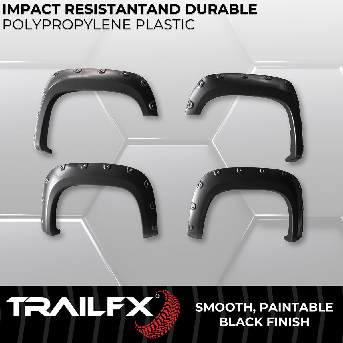 TRAILFX TFG3001S TrailFX Fender Flares Fits GMC Sierra 1500 2007-2013 Pocket Style Black Smooth Paintable Plastic Set of 4 Fender Flares with Stainless and Black Steel Rivets TrailFX TFG3001S