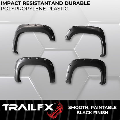 TRAILFX TFG3001S TrailFX Fender Flares Fits GMC Sierra 1500 2007-2013 Pocket Style Black Smooth Paintable Plastic Set of 4 Fender Flares with Stainless and Black Steel Rivets TrailFX TFG3001S