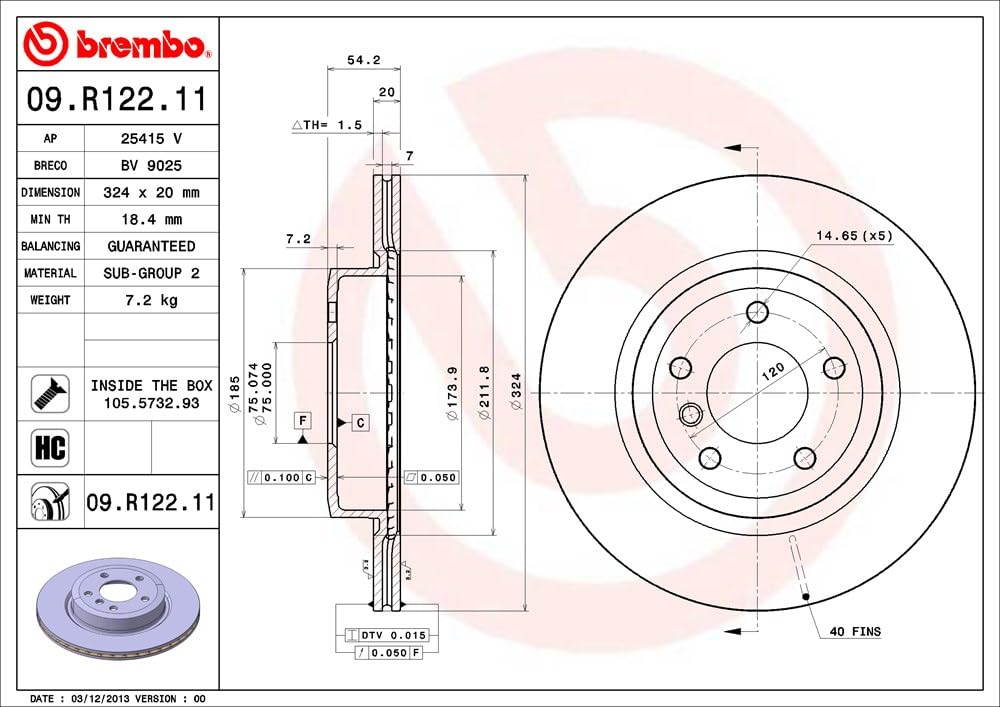 BREMBO 09.R122.11 Brembo 09.R122.11 UV Coated vented Rear Brake Rotor BMW OE# 34216782607