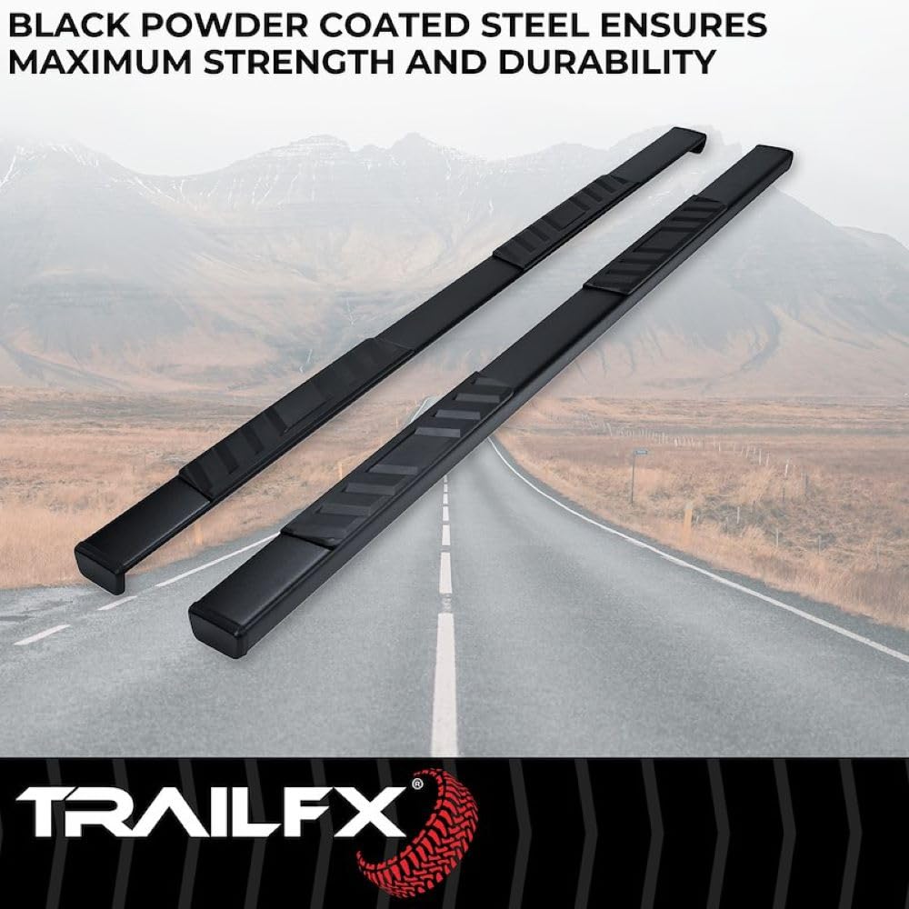 TRAILFX A4017B Trailfx A4017B Truck Side Step Bars Fits 2020-2021 Chevy Silverado 1500 4 Inch Straight Side Nerf Bars with Step Pads Black Matte Powder-Coated Steel Rocker Panel Mount Set of 2 A4017B