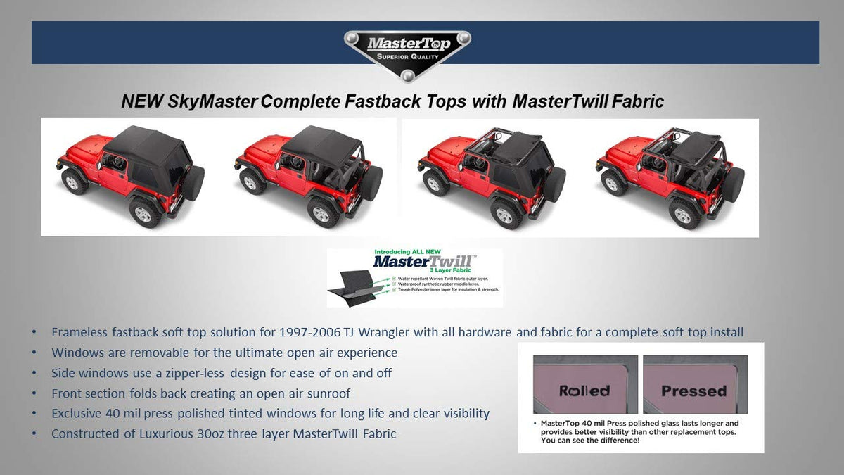 MASTERTOP 15501224 MasterTop SkyMaster Complete Fastback Soft Top in Black Twill|Works or is compatible with 1997-2006 Jeep TJ Wrangler|Includes all hardware and Fabric for a complete install|15501324