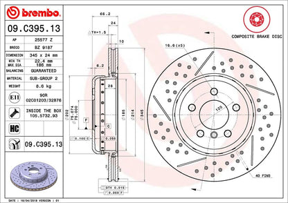 BREMBO 09C39513C02 Brembo 09.C395.13 Composite two piece UV Coated vented drilled + Slotted Rear Brake Rotor BMW/BMW (BRILLIANCE) OE# 34206797600