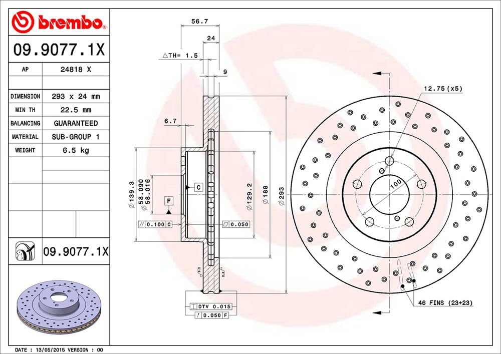 BREMBO 0990771XC02 Brembo 09.9077.1X Xtra UV Coated vented drilled Front Brake Rotor SUBARU OE# 26300AE060