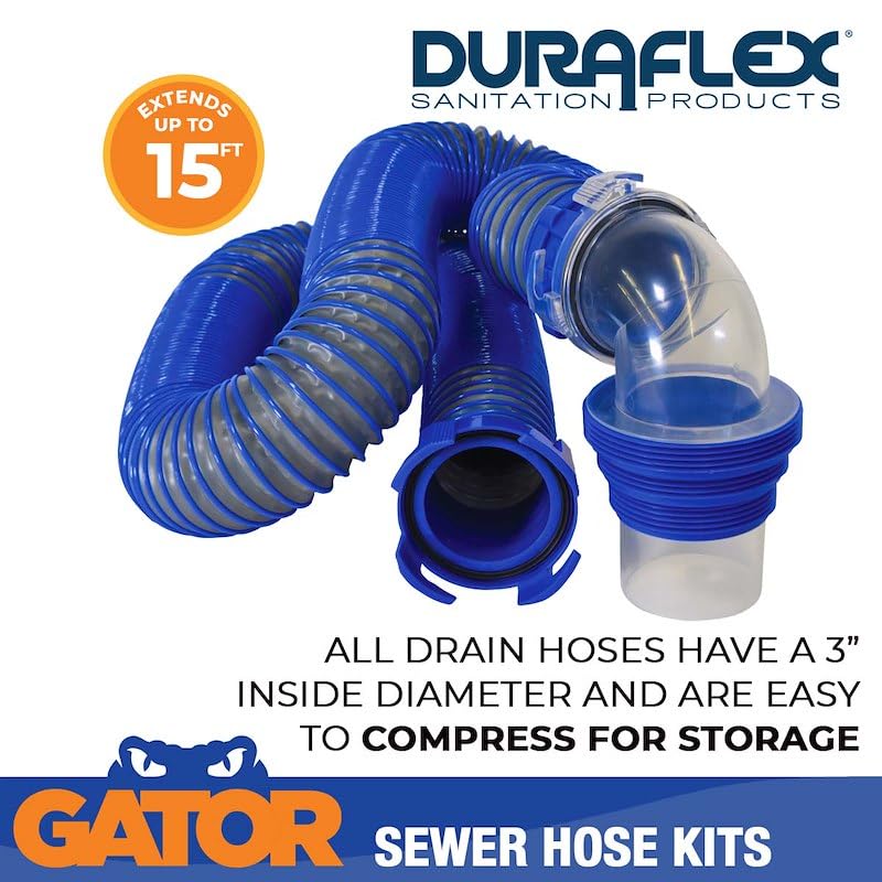 DURAFLEX 22005 Duraflex 22005 Gator 15 Foot Extended Sewer Hose Kit 3 Inch Diameter 24 Mil Polypropylene Polymer Ribbed Construction Charcoal Gray with Clear Elbow and Two Drip Caps