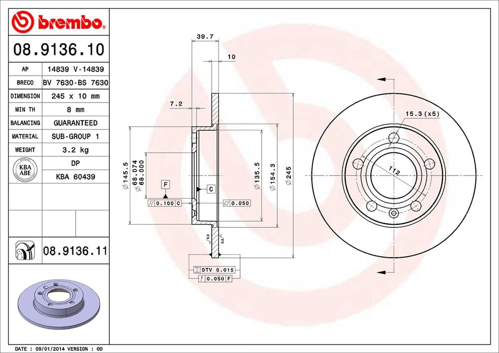 BREMBO 08913611C02 Brembo 08.9136.11 UV Coated solid Rear Brake Rotor AUDI/AUDI (FAW)/SEAT OE# 8E0615601P