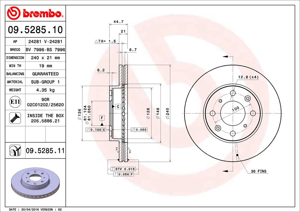BREMBO 09528511C02 Brembo 09.5285.11 UV Coated vented Front Brake Rotor HONDA OE# 45251SR3A10
