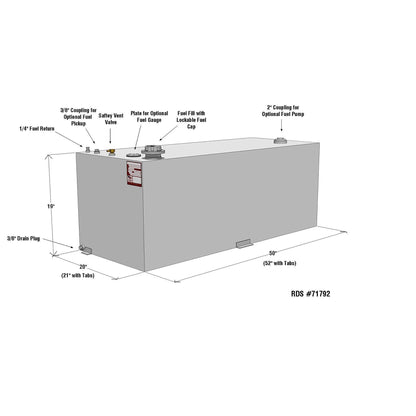 RDS MFG INC 71792 RDS MFG INC 71792 Rectangular Transfer Fuel Tank - 80 Gallon Capacity, 50" L x 20" W x 19" H, Silver Mill Finish Aluminum