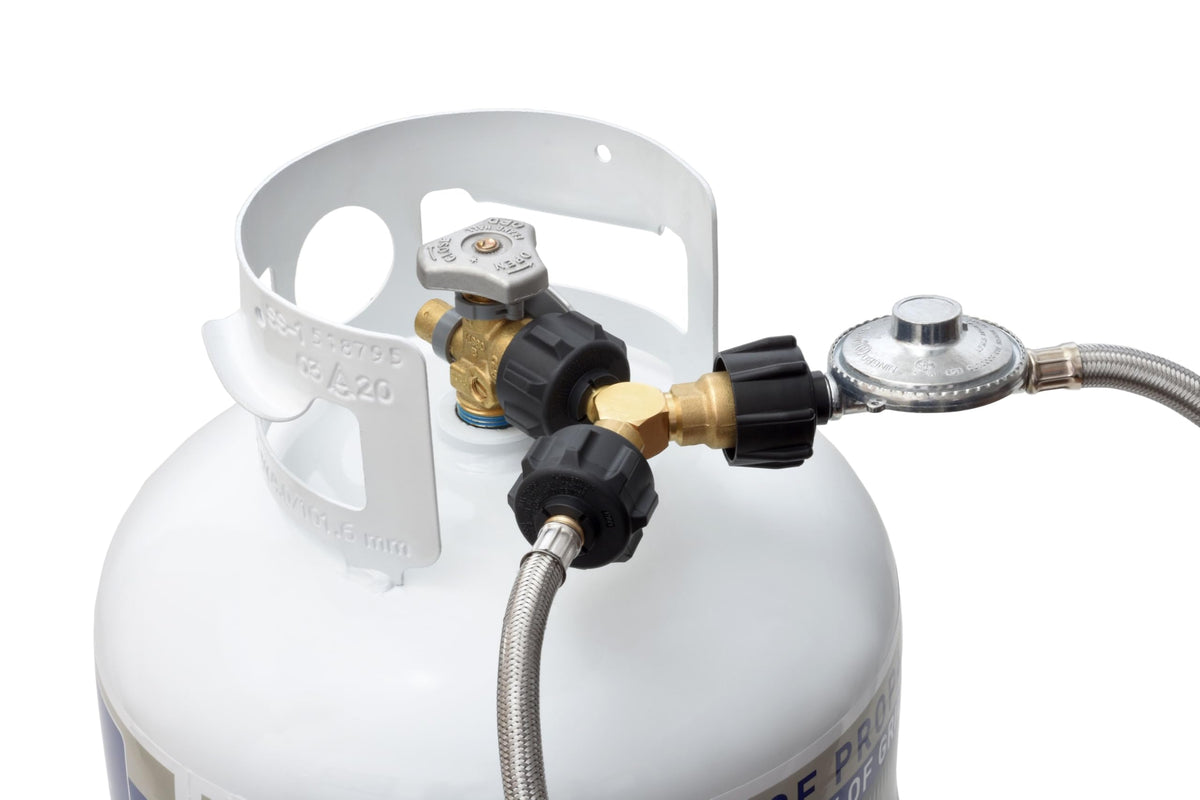 FLAME KING AB225 Flame King Propane Tank Y Splitter Adapter with Valves, 2-Way LP Gas Connector for 20lb Propane Tank Cylinders, Works with BBQ Grills, Camping Stoves, Gas Burners, Heaters