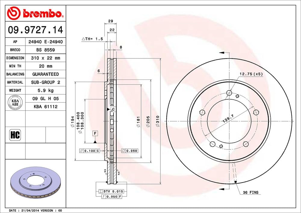 BREMBO 09972714C02 Brembo 09.9727.14 Standard vented Front Brake Rotor SUZUKI OE# 5521165D13