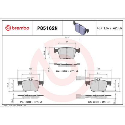 BREMBO P85162N Brembo P85162N Premium Ceramic Rear Disc Brake Pad Set AUDI OE# 8V0698451G