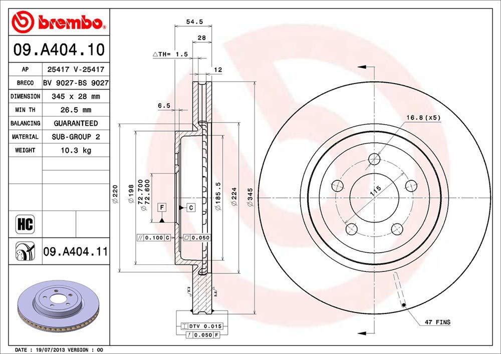 BREMBO 09A40411C02 Brembo 09.A404.11 UV Coated vented Front Brake Rotor CHRYSLER/CHRYSLER (BBDC)/DODGE/LANCIA OE# K04779197AF