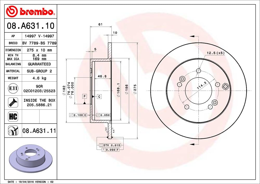 BREMBO 08A63111C02 Brembo 08.A631.11 UV Coated solid Rear Brake Rotor KIA/NAZA OE# 584111D000