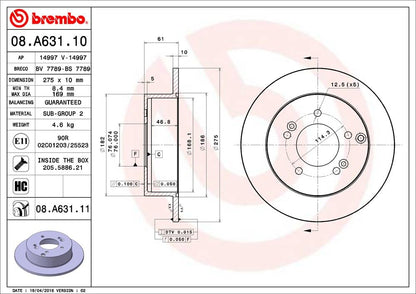 BREMBO 08A63111C02 Brembo 08.A631.11 UV Coated solid Rear Brake Rotor KIA/NAZA OE# 584111D000