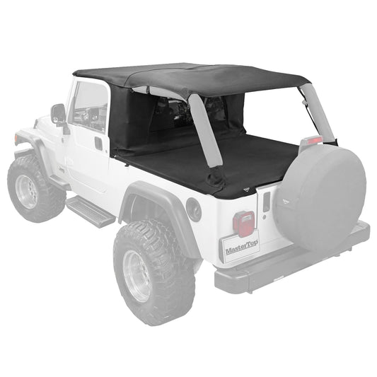 MASTERTOP 14810024 MasterTop 3-Piece Ultimate Summer Soft Top Combo - Bimini Soft Top, Wind Stopper Cab Curtain, and Tonneau Deck Cargo Cover - Fits Jeep Wrangler LJ 2004-2006 - Black MasterTwill
