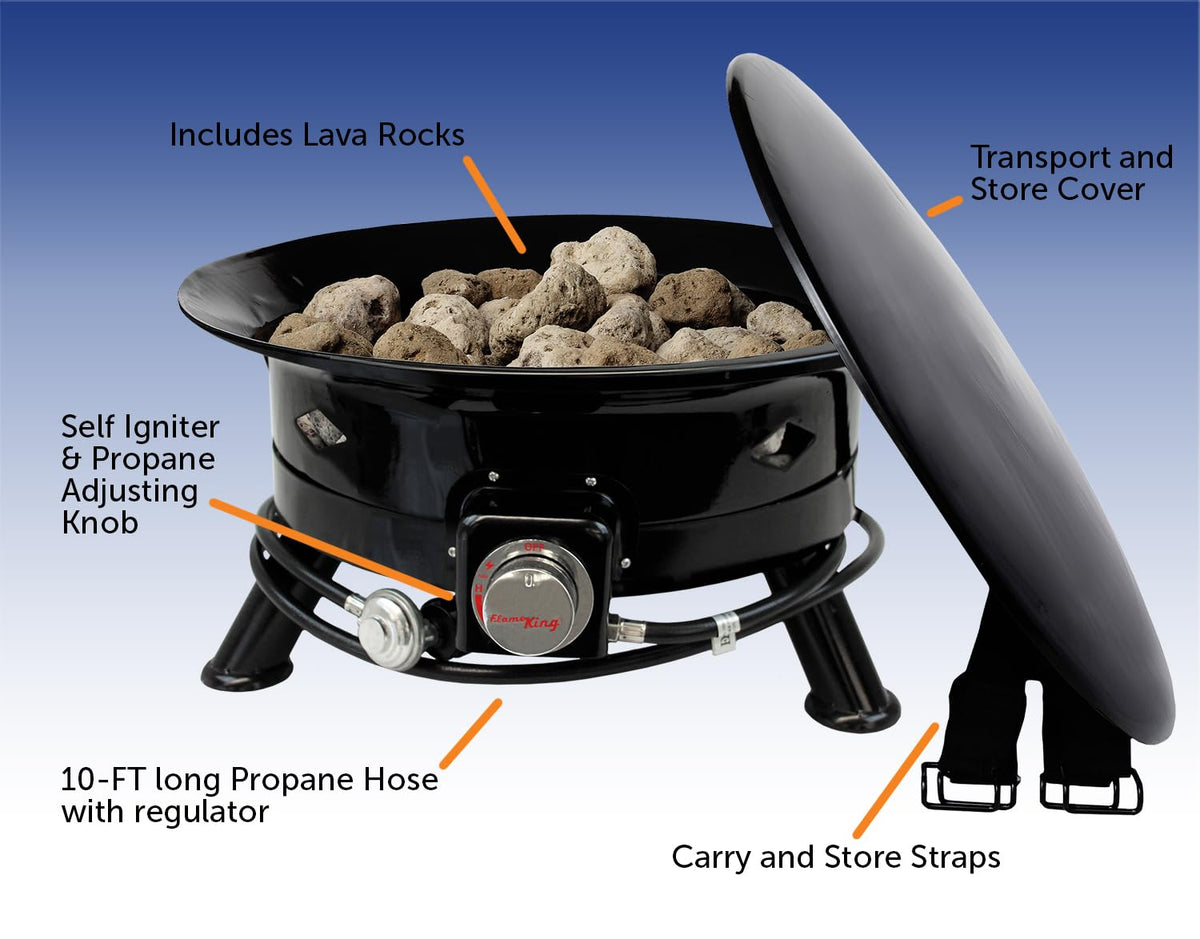 FLAME KING FKG6502D Flame King Smokeless Propane Fire Pit, 24-inch Portable Firebowl, 58K BTU with Self Igniter, Cover, & Carry Straps for RV, Camping, & Outdoor Living