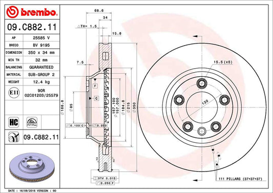 BREMBO 09C88211C02 Brembo 09.C882.11 UV Coated Pillar Vented Front Brake Rotor AUDI/PORSCHE/VW OE# 7L6615301K