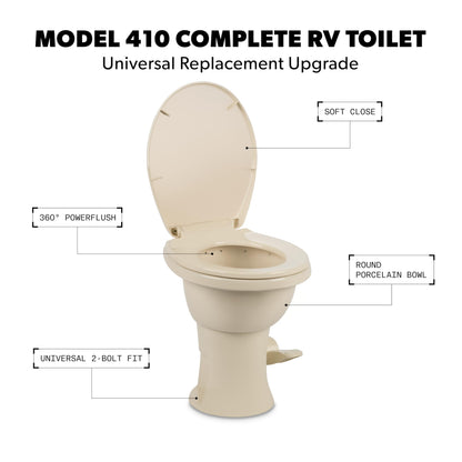 Dometic 9610008260 Dometic Model 410 Complete RV Toilet – Round Porcelain Bowl, Universal Fit & 2-Bolt Mount, 18" Chair Height Residential-Style, Gravity Flush Toilet with Soft-Close Seat, Bone (9610008260)