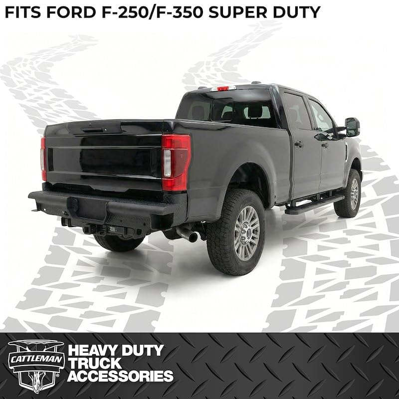 CATTLEMAN 4395S Cattleman HD 4395S Rear Pipe Bumper Fits Ford F-250 Super Duty 2017-2022 Gloss Black Powder-Coated Steel 1-Piece Bolt-On 4 Inch Schedule 40 Pipe Diamond Plate, 2 Inch Receiver Hitch