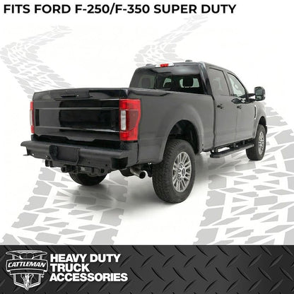 CATTLEMAN 4395S Cattleman HD 4395S Rear Pipe Bumper Fits Ford F-250 Super Duty 2017-2022 Gloss Black Powder-Coated Steel 1-Piece Bolt-On 4 Inch Schedule 40 Pipe Diamond Plate, 2 Inch Receiver Hitch