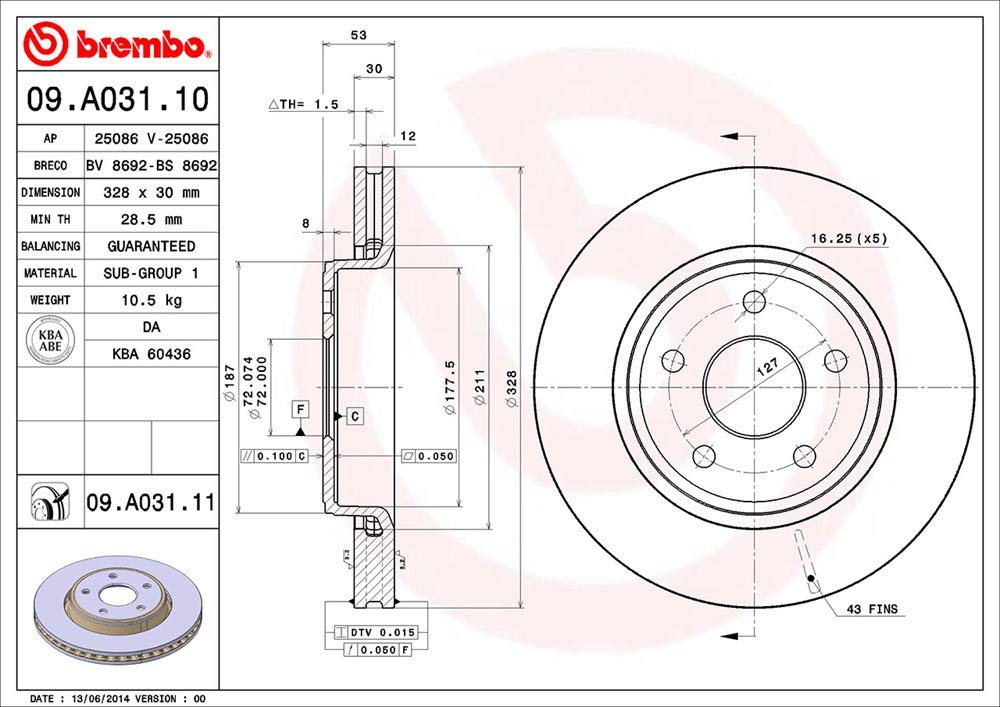 BREMBO 09A03111C02 Brembo 09.A031.11 UV Coated vented Front Brake Rotor JEEP OE# 52089269AB