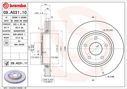 BREMBO 09A03111C02 Brembo 09.A031.11 UV Coated vented Front Brake Rotor JEEP OE# 52089269AB