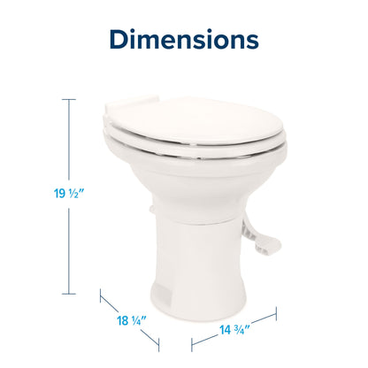 CAMCO 41715 Camco Premium Ceramic Camper/RV Toilet - Features Gravity Flush System w/Convenient Foot Pedal - Full-Sized Ergonomic Design w/18 Chair Height - Soft-Close Wood Seat & Lid - Bone (41715)