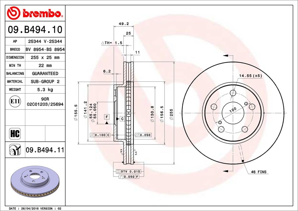 BREMBO 09B49411C02 Brembo 09.B494.11 UV Coated vented Front Brake Rotor LEXUS/TOYOTA/TOYOTA (FAW) OE# 4351247050
