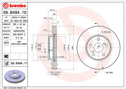 BREMBO 09B49411C02 Brembo 09.B494.11 UV Coated vented Front Brake Rotor LEXUS/TOYOTA/TOYOTA (FAW) OE# 4351247050