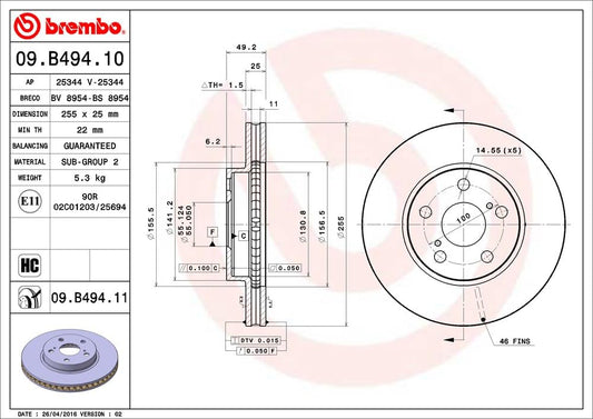 BREMBO 09B49411C02 Brembo 09.B494.11 UV Coated vented Front Brake Rotor LEXUS/TOYOTA/TOYOTA (FAW) OE# 4351247050