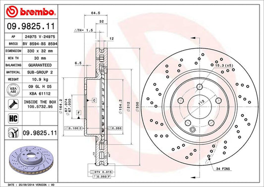 BREMBO 09982511C02 Brembo 09.9825.11 UV Coated vented drilled Front Brake Rotor MERCEDES-BENZ/MERCEDES-BENZ (BBDC) OE# A2304210812
