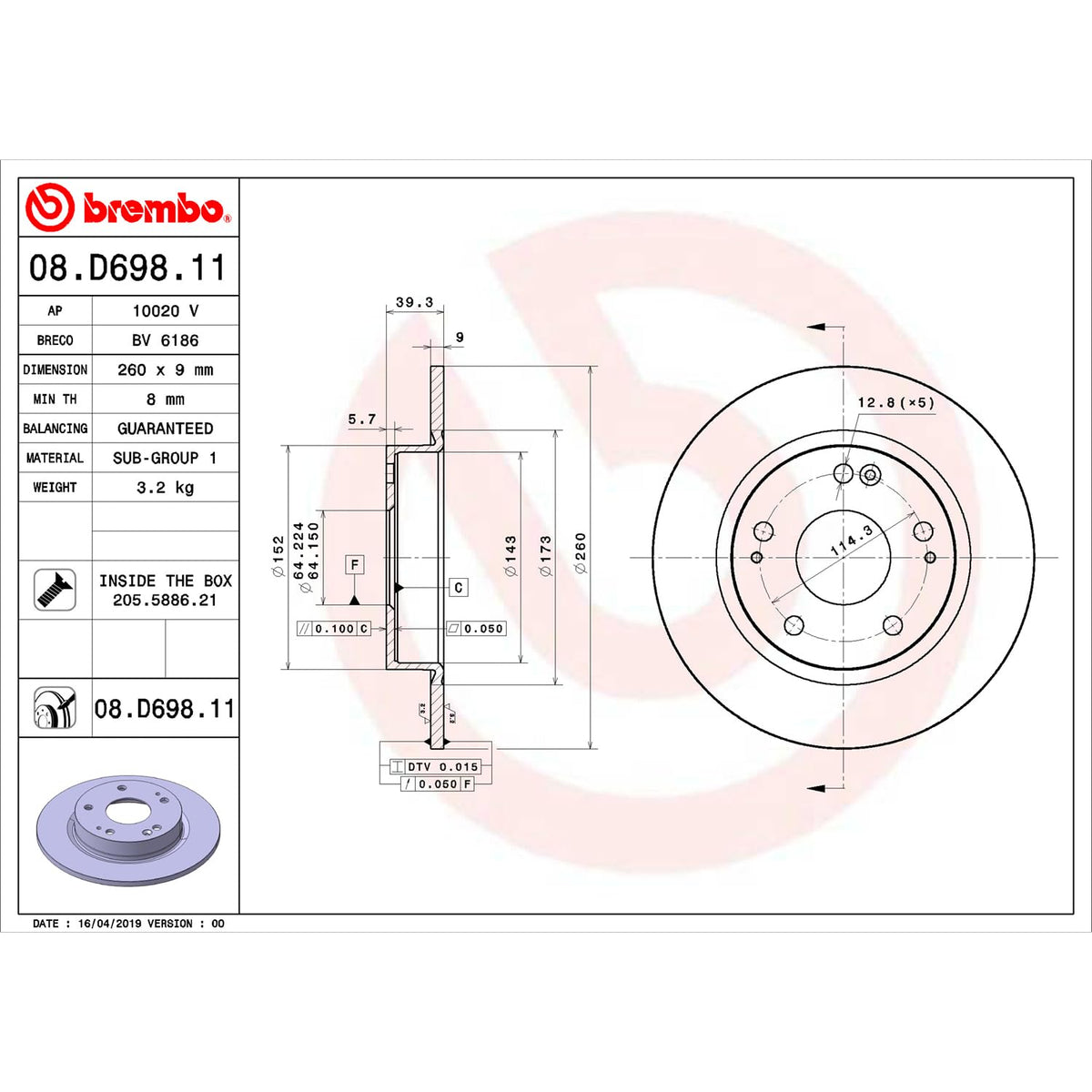 BREMBO 08.D698.11 Brembo 08.D698.11 DISCBRAKEROTOR SOLIDDISC